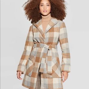 NWT Plaid Wrap Around Hooded Coat